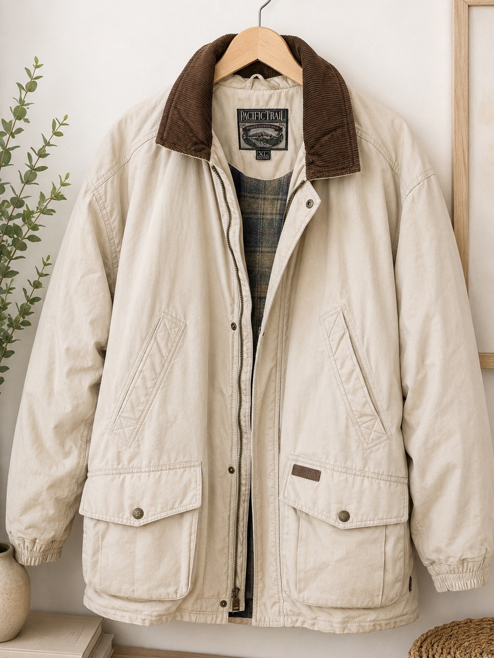 Pacific Trail Men’s Cream Jacket with Brown Corduroy Collar Size XL